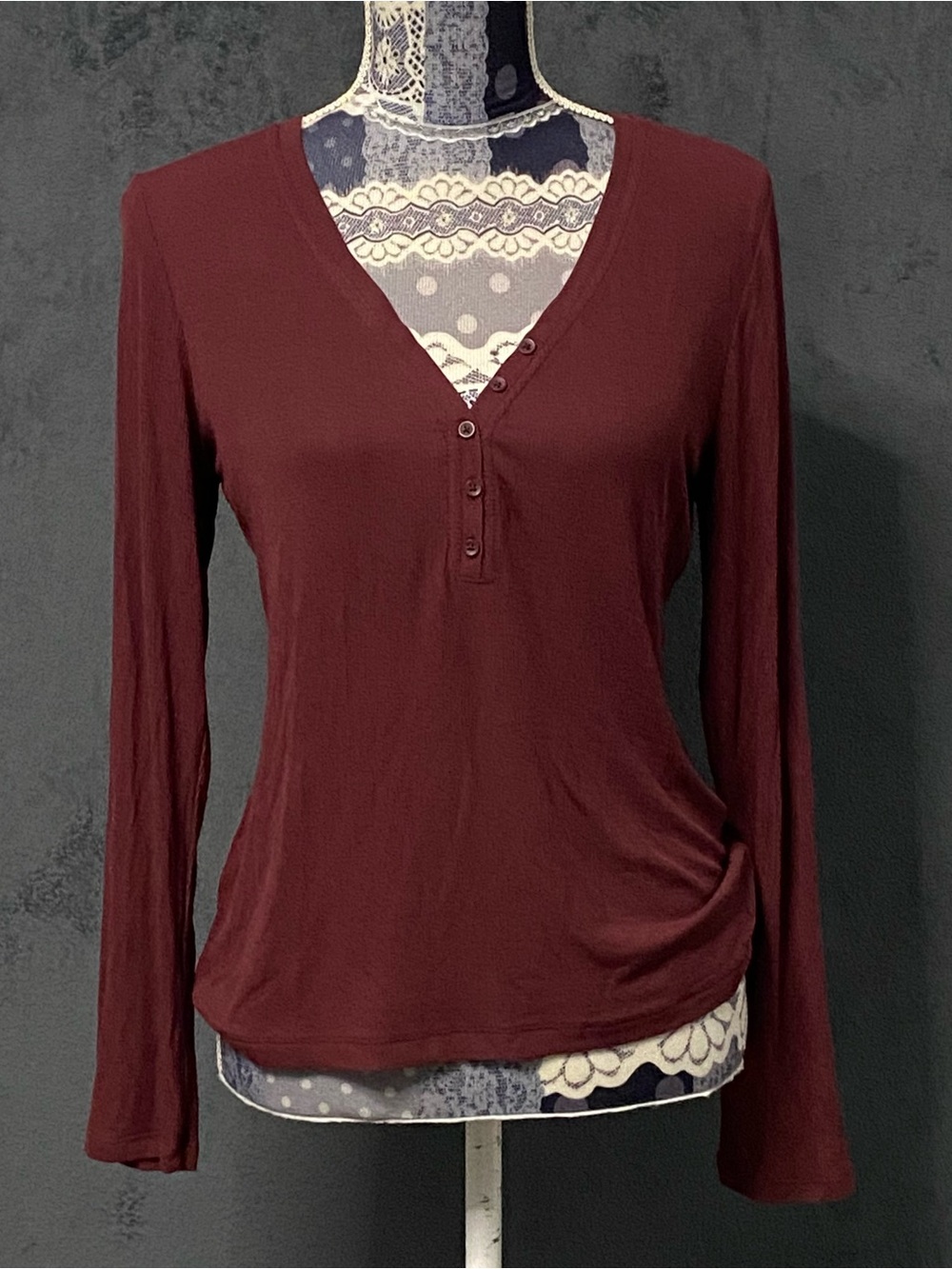 Banana Republic Shirt Womens S Burgundy Ribbed Lounge Henley Top Comfy Soft